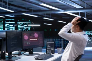 Close up of data center employee stressed by security breach alert